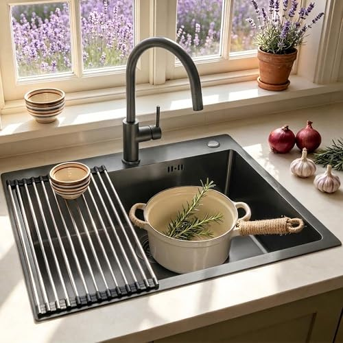 Fregadero Cocina Negro 55x45 cm 1 Seno, Acero Inoxidable con Escurridor Enrollable, Dispensador de Jabón Sifón y kit de desagüe - Sobre Encimera O Enrasado, Ideal para Caravana, Cocina Pequeña y Barra