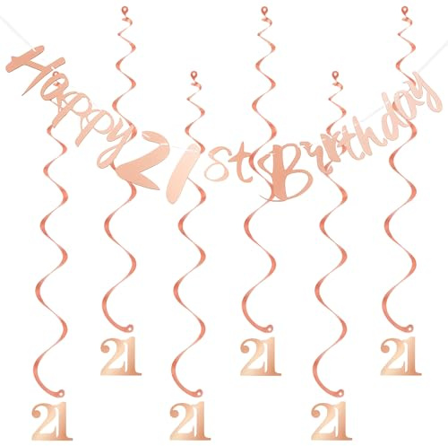 6-Piece Hanging Swirls Streamers, 21st Birthday Decorations for Her, Rose Gold 21st Banners for Her, Party Decor Supplies for Women, Girls, Adult Birthday Celebration
