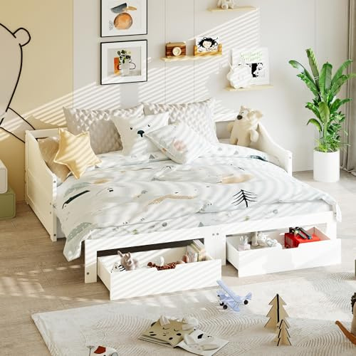 Liuyoyo Polsterbett 90/180 x 200 cm, Klappsofa mit Massivholzrahmen und Zwei Schubladen, Multifunktionales 2-in-1-Bett, Jugendbett, Doppelbett, Sofabett, Ohne Matratze, Weiß