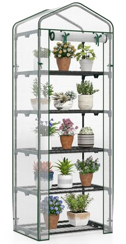 COSTWAY Serre de Jardin avec 5 Étagères avec Housse en PE | Mini Serre Extérieur avec Porte Enroulable Cadre en Métal Électro-Couvert Antirouille, pour Tomates Plantes, 69 x 48 x 190 cm