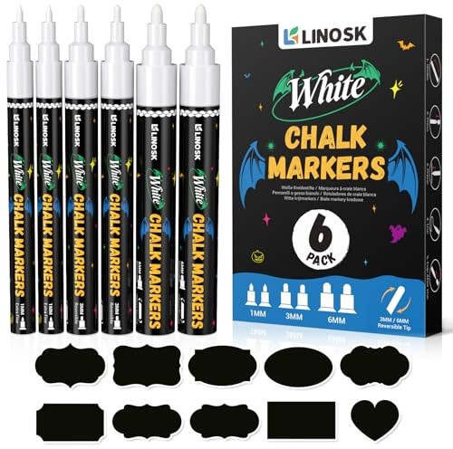 LINOSK Weiße Kreidestifte, 1mm Feinspitze & 3/6mm Reversibel, Staubfrei & Abwischbar für Tafel/Glas/Fenster inkl. 45 Etiketten für Schule, Weihnachten & Zuhause