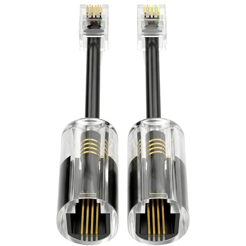 Xevtrak Démêleur de Câble Téléphonique, Câble de Téléphone Fixe Anti-Enchevêtrement avec Rotation 360 Degrés, Adaptateur Téléphone Fixe RJ9 4P4C Noir Transparent avec Fil pour Bureau, 2pcs
