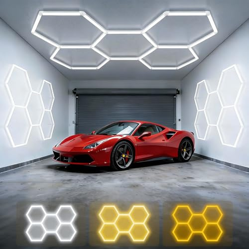 Sedtonmu Dimmfunktion Hexagon LED Garagenlampe, Verstellbare Farbtemperatur 3000K-4500K-6500K, Sechseckige Deckenleuchte Panel für Werkstatt, Garage, Gym und Werkstattbeleuchtung,H