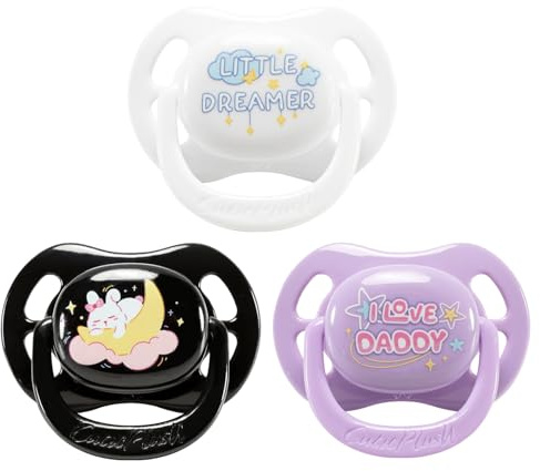 CutiePlus Schnuller für Erwachsene 3er Set, Großer Silikon Schnuller mit großem Schild, BPA-frei, Stressabbau, Weiß mit Little Dreamer, Schwarz mit Mondhase, Lila mit I Love Daddy