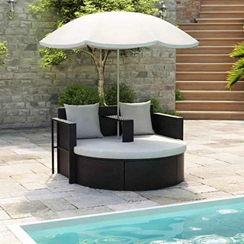 KTPRTOCK Rattan-Lounge-Set mit Sonnenschirm, PE Rattan Gartenliege, Sonneninsel mit Schirm, Polyrattan Lounge-Set, cremeweiße Polsterung, abnehmbare Kissen, max. 110 kg pro Sitz