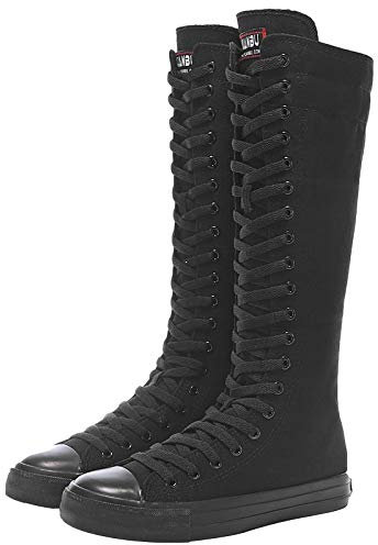 ANUFER Ragazze Donna al Ginocchio Stivali di Tela Lacci Zip Piatto Scarpe Sportive Tutto Nero F888 EU38.5