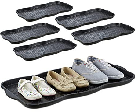 Relaxdays Set of 6 Shoe Tray, Hallway Storage, Muddy or Wet Boots, Wellies & Trainers, 3 x 38.5 x 75 cm, Plastic, Black