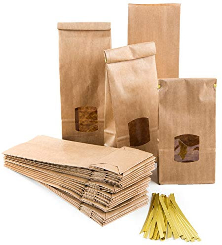 Große Blockbodenbeutel, 25 Stück: Papiertüten mit Fenster, Tüten Groß, Teetüten Braun, Geschenktüten für Lebensmittel, Tee & Gewürze, Kraftpapiertüten, Papiertaschen mit Clips, 10 x 6,5 x 27,5 cm