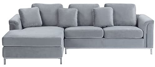Beliani 4-Sitzer Ecksofa Samt grau mit Chaiselongue rechts Silberne Edelstahlfüße Oslo
