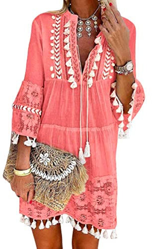 Minetom Robe Été Femme de Plage Rétro Robes Col V Lâche Manches Longues Bohème A-Line Gland Mini Robe Dentelle Floral Robe de Cocktail A Rose 36