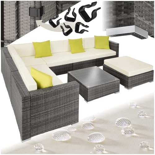 tectake® Poly Rattan Lounge, Garten Loungemöbel Set für 6 Personen, große Sitzgruppe mit L-Form Sofa und Esstisch Outdoor, Gartenmöbel wetterfest, Terrassenmöbel inkl. Hocker und Kissen - grau