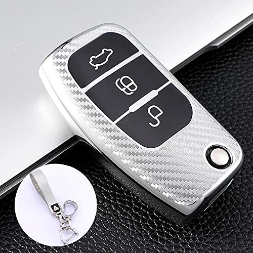 RYE Autoschlüssel Hülle für Ford Fiesta, Focus, Galaxy, Fusion, Mondeo, Kuga,3 Tasten Karbonfaser-Muster Ford Schlüsselhülle-Silber