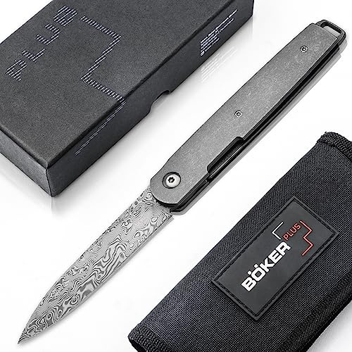 BÖKER PLUS® LRF Damast - Gentleman Taschenmesser mit Clip - Klappmesser mit Titan Griff - Einhand EDC Messer mit 8,6 cm Damast Klinge