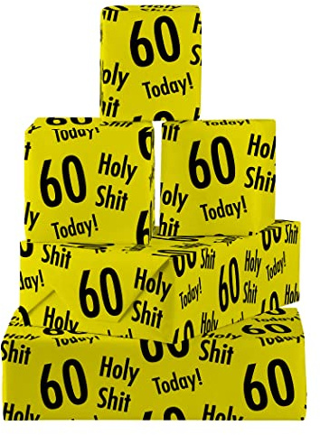Hunts England - 5 Bögen Geschenkpapier zum 60. Geburtstag – inklusive 5 Geschenkanhängern – gefaltetes Geschenkpapier zum 60. Geburtstag – Holy Shit-Kollektion – mutiges Geschenkpapier für Männer und