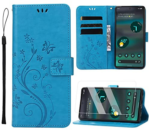 Anshow Lederhülle mit Google Pixel 6A Hülle und Schutzfolie, Handyhülle für Google Pixel 6A, Flip Wallet Hülle Leder Tasche Schutzhülle, Blau