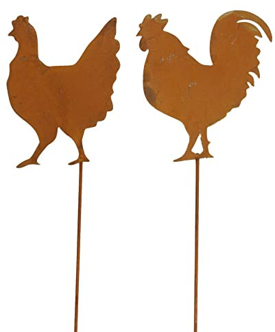 B2S BACK2SEASON 2 x Metall Stecker Huhn und Hahn Pärchen Edelrost Frühlingsdeko Garten Stab Topfdeko H=33,5 cm 2er Set
