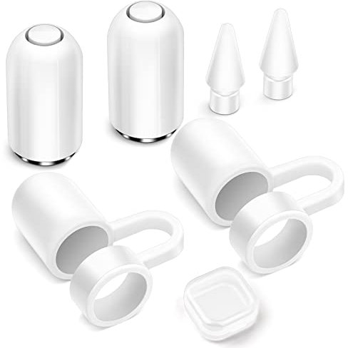 iMangoo Pencil Kappe iPencil Magnetische Ersatzkappe 2 Stück mit Kappenhalter 2 Stück und iPencil Spitzen Bleistift Tipps Ersatzspitzen Eingabestift Nibs 2 Stück für Apple Pencil 1. Generation (Weiß)