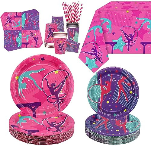 Decoraciones de fiesta de cumpleaños de gimnasia: suministros de fiesta temática de gimnasia para tus pequeños gimnastas de baile con mantel de gimnasia, platos, servilletas, vajilla, sirve 40