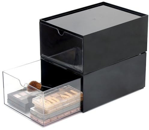 Youngever 2 Pack Stackable Makeup Organizer Drawers, 9 x 6.5 x 4 Cosmetic Storage Organizers (Black)