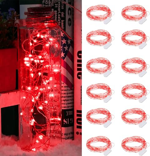 Dufuso 12 x 20er LED Lichterkette Batterie Dekoration für Weihnachts, Mini led lichterkette mit batterie CR2032, 2M Kupfer Drahtlichterkette Wasserdichte - Rot
