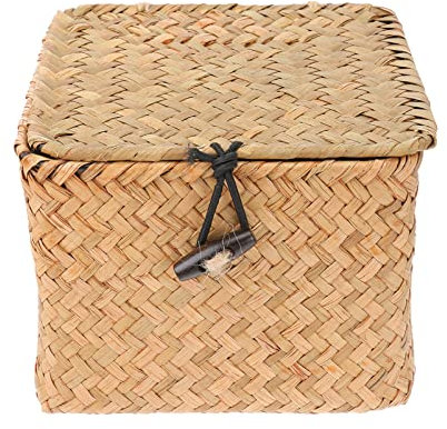 Ciieeo Rattan Basket with Lid Square Wicker Storage Baskets with Lids Cube Storage Bin for Makeup Brush Organizer Desktop Container Holder 14X14X8 Inch