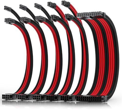 AsiaHorse Actualización 16AWG PSU Cable Extension, PC Kit de cables para GPU/CPU, Extensiones de cable de alimentación con peines de cable, 24PIN/(6+2) PIN/(4+4) PIN, 30CM,Negro+Rojo