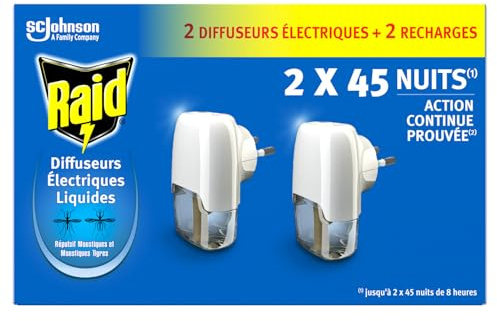 Raid Recharge Diffuseur Électrique Liquide - Répulsif Moustiques et Moustiques Tigres 90 Nuits - 2 Diffuseurs + 2 Recharges