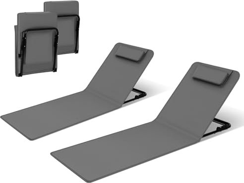 WOLTU 2er Set Bain de Soleil, Chaise Longue Pliable, Transat de Plage Pliable, Transat Jardin Exterieur, Matelas de Plage Rembourré, Dossier Inclinable, avec Oreiller, 48x132x54 cm, Gris Foncé