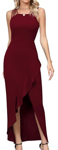 Missufe Vestido de noche para mujer, vestido de cóctel, vestido de fiesta, elegante, largo, bodycon boda, festivo, con volantes, borgoña, L