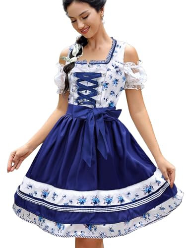 Zeagoo Dirndl Kleider Damen Trachtenmode Retro Trachtenrock Kleid für Oktoberfest Festilche Anlässe Floral Blau S
