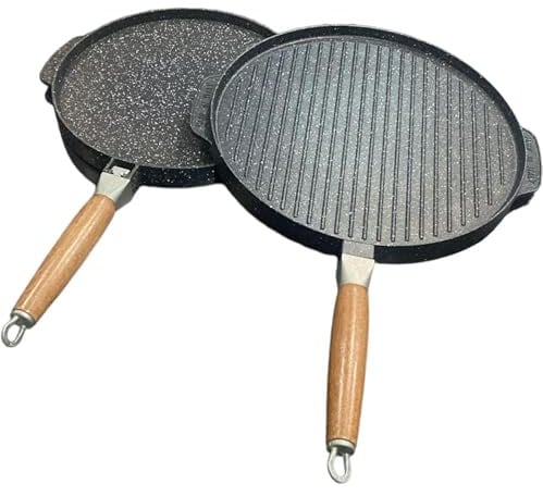 Padella Tonda Double Face Liscia/Grigliata con Manico Estraibile (Diametro 28 cm) artigianale Made In Italy no induzione