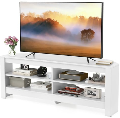 GYMAX Eck TV-Ständer mit Steckdose & 4 offenen Ablagefächern, TV-Schrank, Lowboard für Fernseher bis 65 Zoll, Fernsehschrank, Fernsehtisch für Wohnzimmer & Schlafzimmer (Weiß)