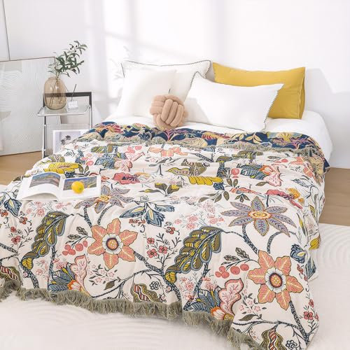 Snylcce Grande Couverture bohème Double Face - 100% Coton Biologique tissé à la Main pour lit et canapé, Accent Boho Confortable pour canapés et fauteuils 2-3 Places - 200x230cm,Grenadine Blanche