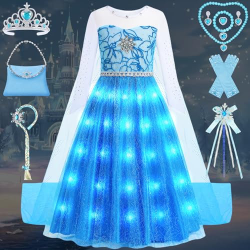 Elsa Kostüm Mädchen Prinzessin Kleid Set Kinder Eiskönigin Kostüme Faschings Fastnacht Geburtstag Eisprinzessin Verkleidung Cosplay Party Blau Outfits mit Zubehör Zauberstab Krone Perücke FR064XS