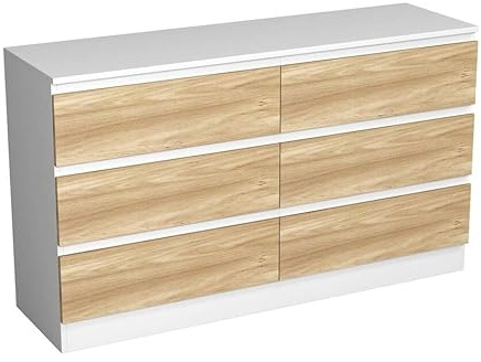 URBNLIVING Modern White Wooden Chest with Oak 6 Drawers for Bedroom or Office Storage Versatile Bedside Table and Stylish Cabinet for Organizing Clothes Accessories Work Place Supplies and Items