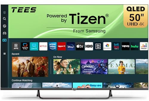 Tees 50 inch 4K QLED Smart TV, Tizen OS UHD Central Stand Design Television with Apple TV+ BBC Netflix Freeview TV Plus Gaming Hub, MEMC HDR10 Ideal Large Screen TV for Living Room, Made in the UK