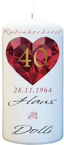 Rubinhochzeit Kerze mit Namen & Wunschtext personalisiert - Geschenk zum 40 Hochzeitstag (15cm x 7cm)