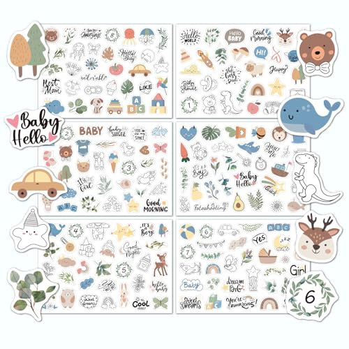 Canollo 6 Blatt Sticker Babyalbum, Baby Sticker Fotoalbum Set Mit 190 Deko Aufkleber, Lustige Stickers Baby für DIY Fotoalbum Und Scrapbooking, Aufkleber Babyalbum für Babyparty Geschenke