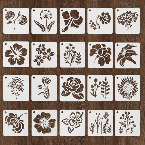 TIESOME 20 Stück Blumenschablonen zum Basteln, 7,6 cm Schablonen Wandgestaltung Wiederverwendbare Kunststoff-Malschablonen Blumenvorlagen für Wände Leinwand Heimdekoration DIY-Basteln Holz