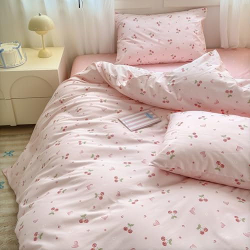 Nayoroom Bettwäsche Kirschen Baumwolle 200x200 Rosa Herzchen Bettbezug und 2 Kissenbezug 80x80 cm 3teilig Aesthetic Cotton Herzen Bettwäsche-Set mit Kirschen Reißverschluss