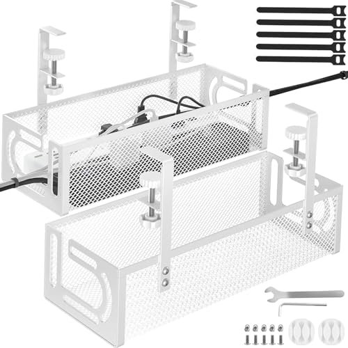 2 bandejas de gestión de cables debajo del escritorio, no requiere taladrar, bandeja de cables de rejilla de metal con apertura lateral de asiento de clip, bandeja de gestión de cables, organizador de