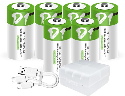 6 Stück D Akku USB Type-C D Lithium Ionen Aufladbare Akkus, High Capacity 1,5V 8000mAh 12000mWh wiederaufladbare batterien Lithium Akku, 3 Stunden Schnellladung, with Charging Cable