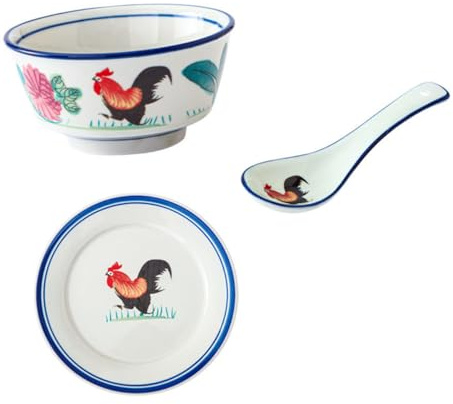 LIFKOME 3 Stück Vintage Hahnmotiv Keramik Schalen Servierschalen für Suppen Pasta Obst Handgefertigte Porzellan Schüsseln Praktische Küchenschalen Bauernhof Stil für Zuhause