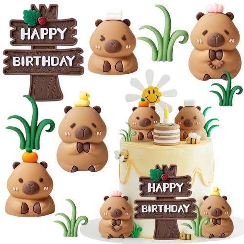 JAHEMU Tortendeko Capybara Figuren Kindergeburtstag Kuchen Deko Tierfiguren Harz Capybara Kuchendeko Happy Birthday Cake Topper Geburtstagsdeko Baby Shower 9 Stück