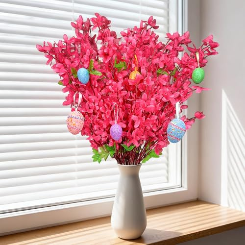 Jadeunm 2 Bündel Forsythienzweige Künstlich 60 cm Frühlingsblumen | Kunstblumen Frühling Forsythie mit 6 Ostereiern Künstlich Osterstrauch Zweige Osterzweige Deko für Frühlingsdeko