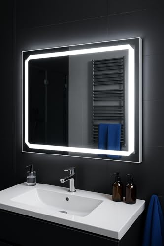 SARAR Eckiger Badspiegel Spiegel Badezimmerspiegel mit rundum LED-Beleuchtung 120x100 cm Made in Germany moderner Wandspiegel Mirror Spiegel Bad mit Licht PISA