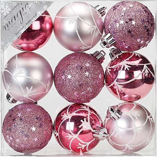 MAGIC 9 STK. Christbaumkugeln 6cm Rosa-Mix (rosa - Hellrosa) // Ornament Dekor Kunststoff bruchfest Dekokugeln Weihnachtskugeln Baumkugeln Baumschmuck Set Christbaumschmuck Weihnachtsschmuck 60mm
