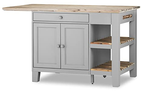 Florence Kitchen Island With Cupboard 2 Drawers and Shelves | Large Dove Grey Breakfast Bar Island W150cm, H91cm, D90cm with Chopping Board & Wooden Drawer Utensils Organiser