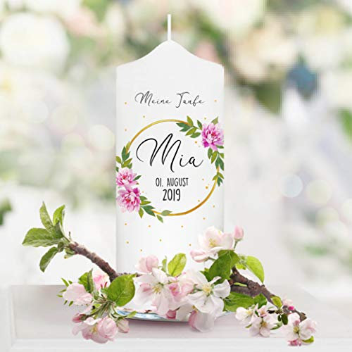 Taufkerze Patenkerze Blumenkranz Blütenkranz- Kerze zur Taufe, Geburt oder Kommunion – weiß 18 x 7 cm mit Name und Datum