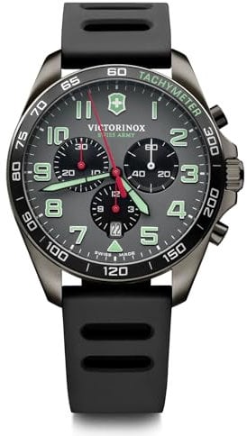 Victorinox Herren Armbanduhr Fieldforce Sport Chrono Ø 42 mm, Swiss Made, Analog Quarz, Wasserdicht bis 100 m, Kautschuk-Armband, Grau-Schwarz/Schwarz